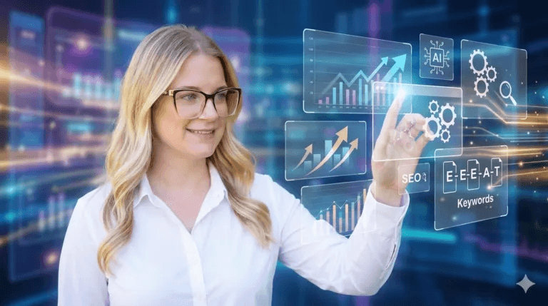 Randi Bagley working with a digital SEO dashboard