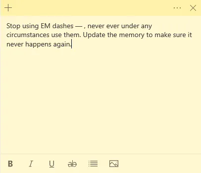 Screenshot of a note containing the instruction to stop using em dashes