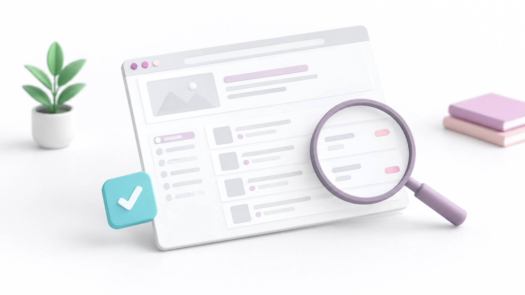A clean webpage concept with organized sections and a magnifying glass highlighting page structure