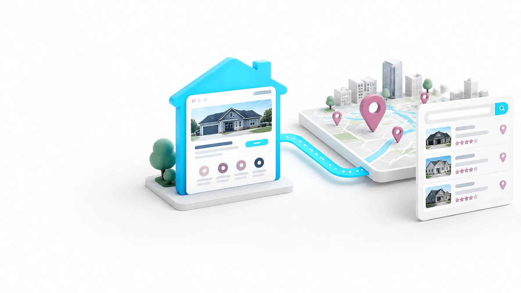 Local search map linking a contractor website, directory listing, and AI answer