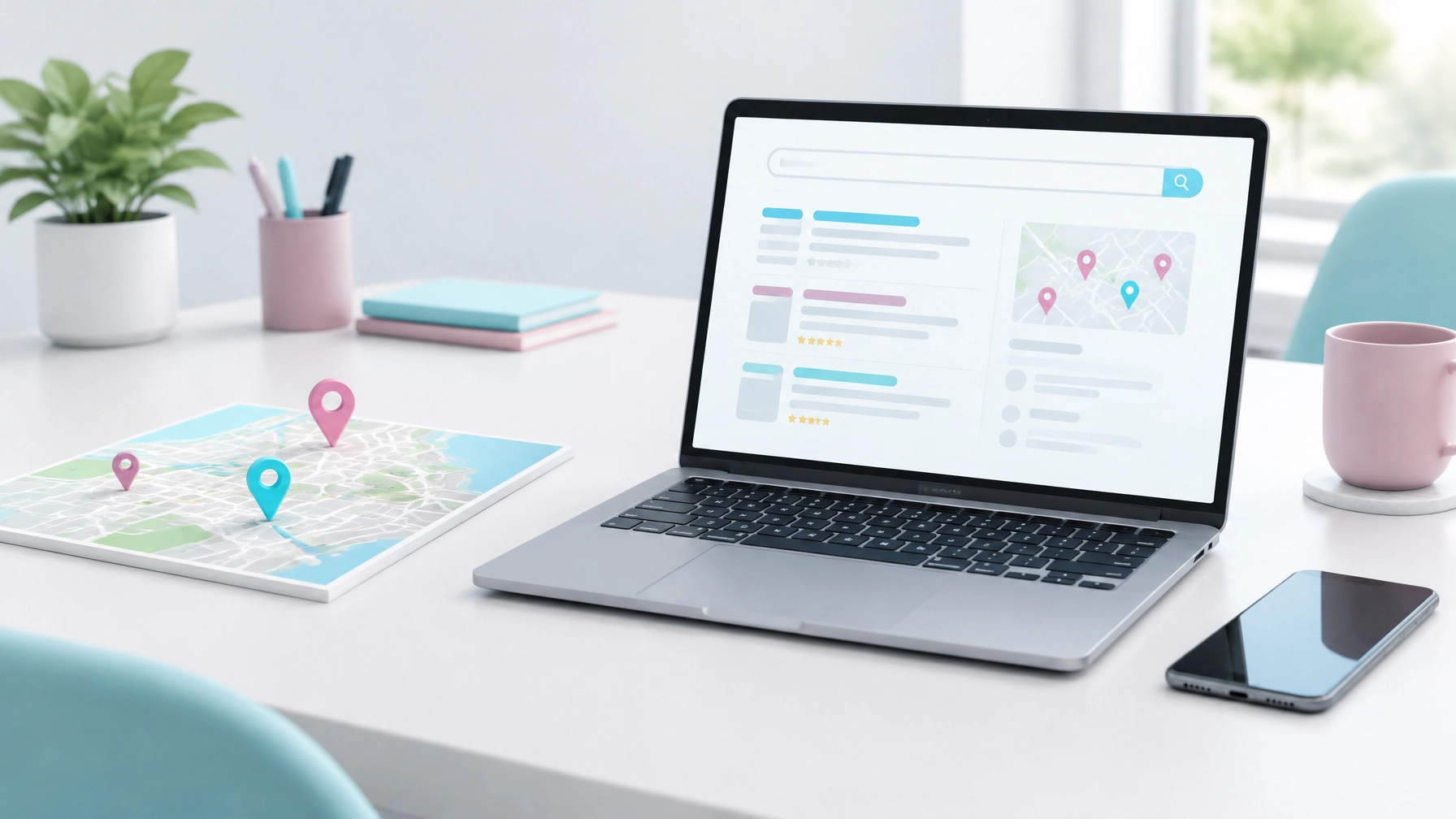A laptop with a simple search layout beside a phone and map pins, illustrating local search and AI visibility