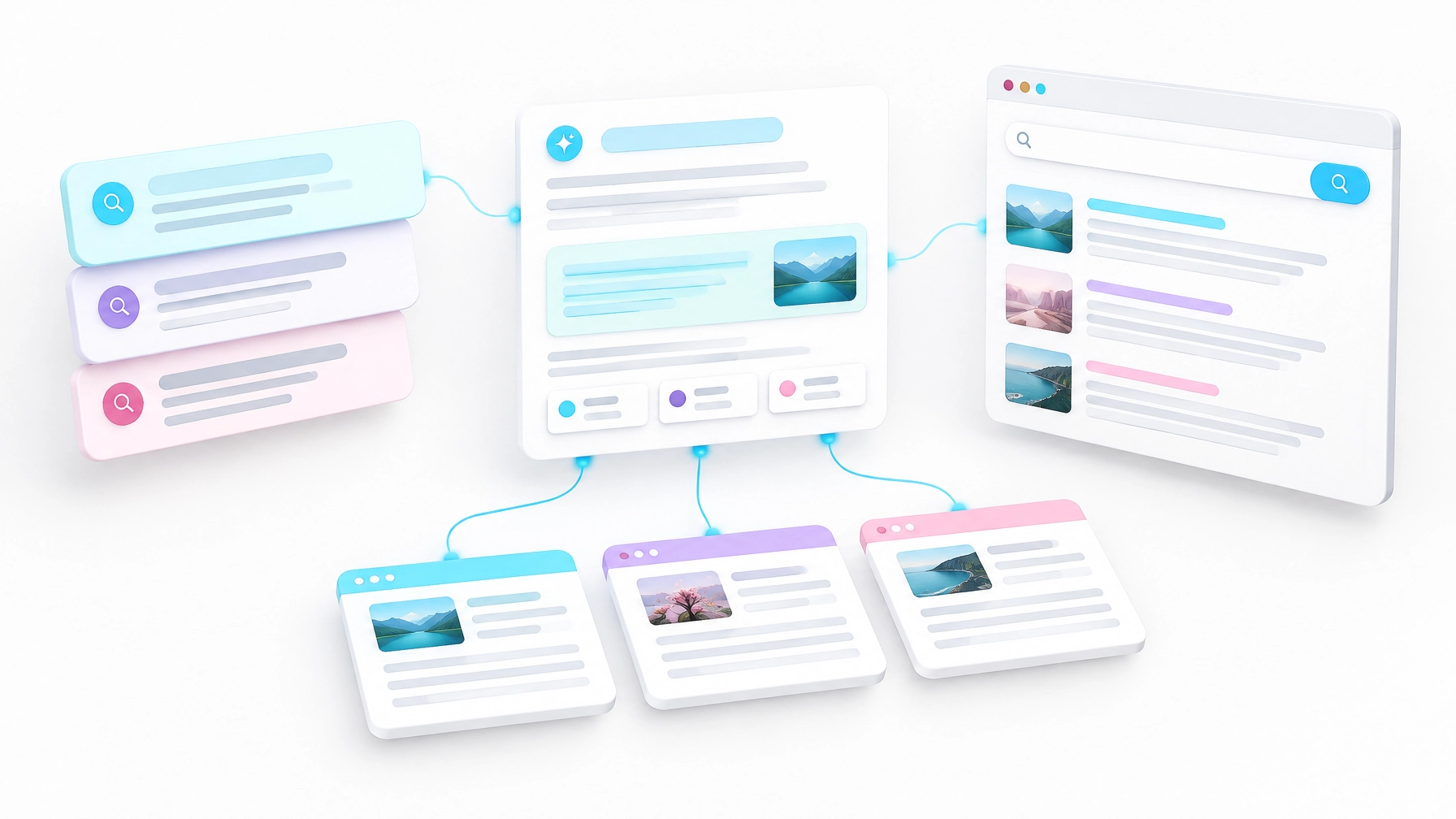 Question cards and answer panels connected to an AI answer and search result interface