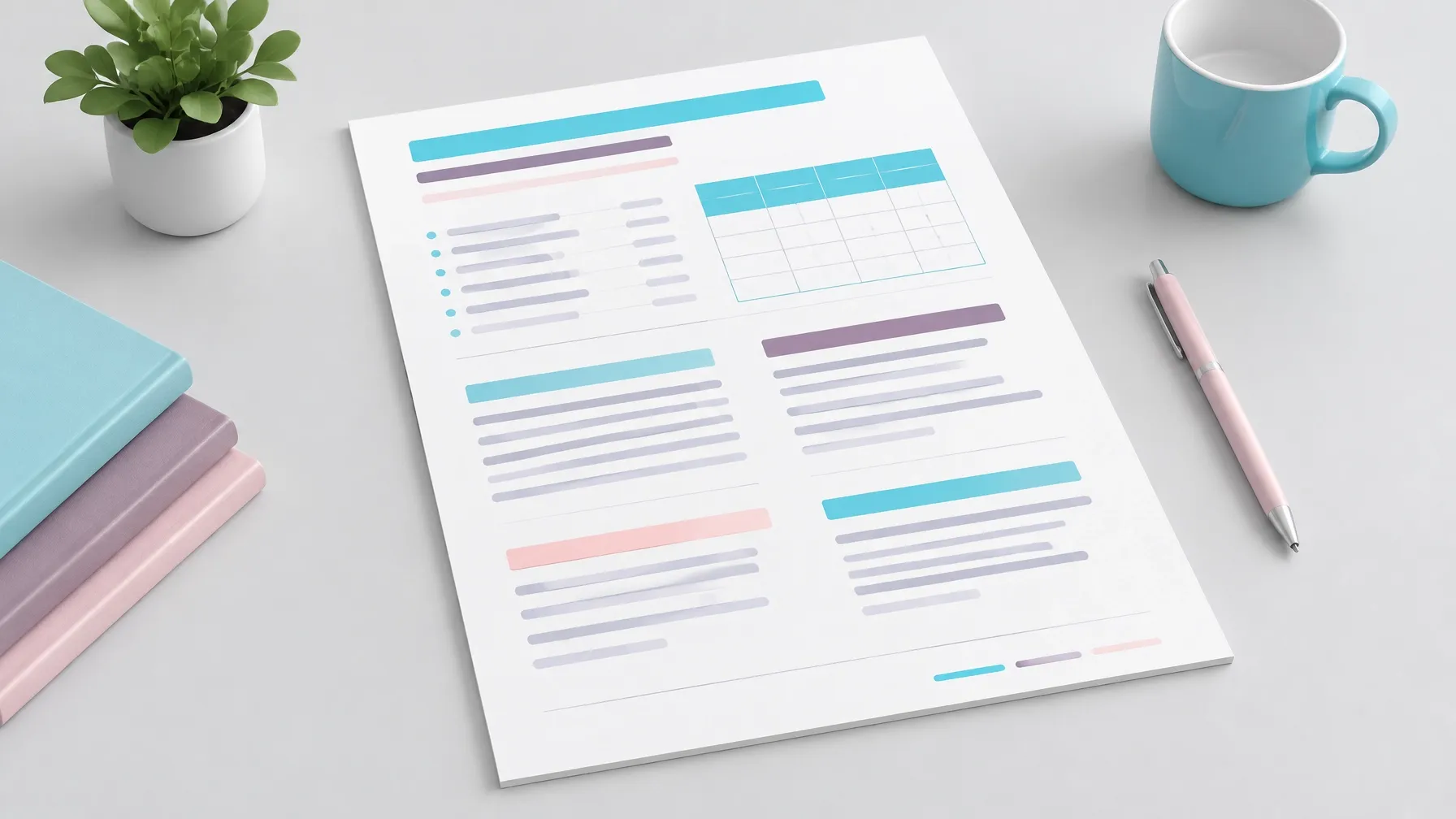 A clean document page with a contents list, section blocks, and a table represented by blank cells