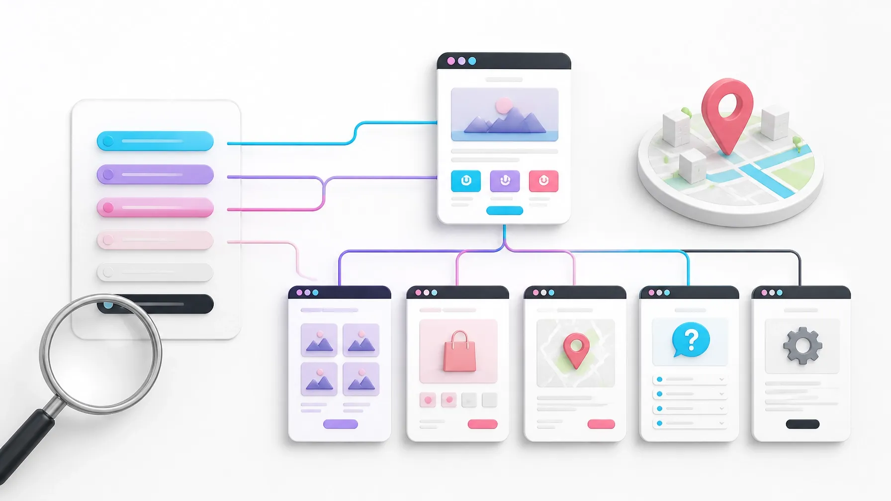 SEO sitemap showing keywords mapped to category, product, location, FAQ, and service pages
