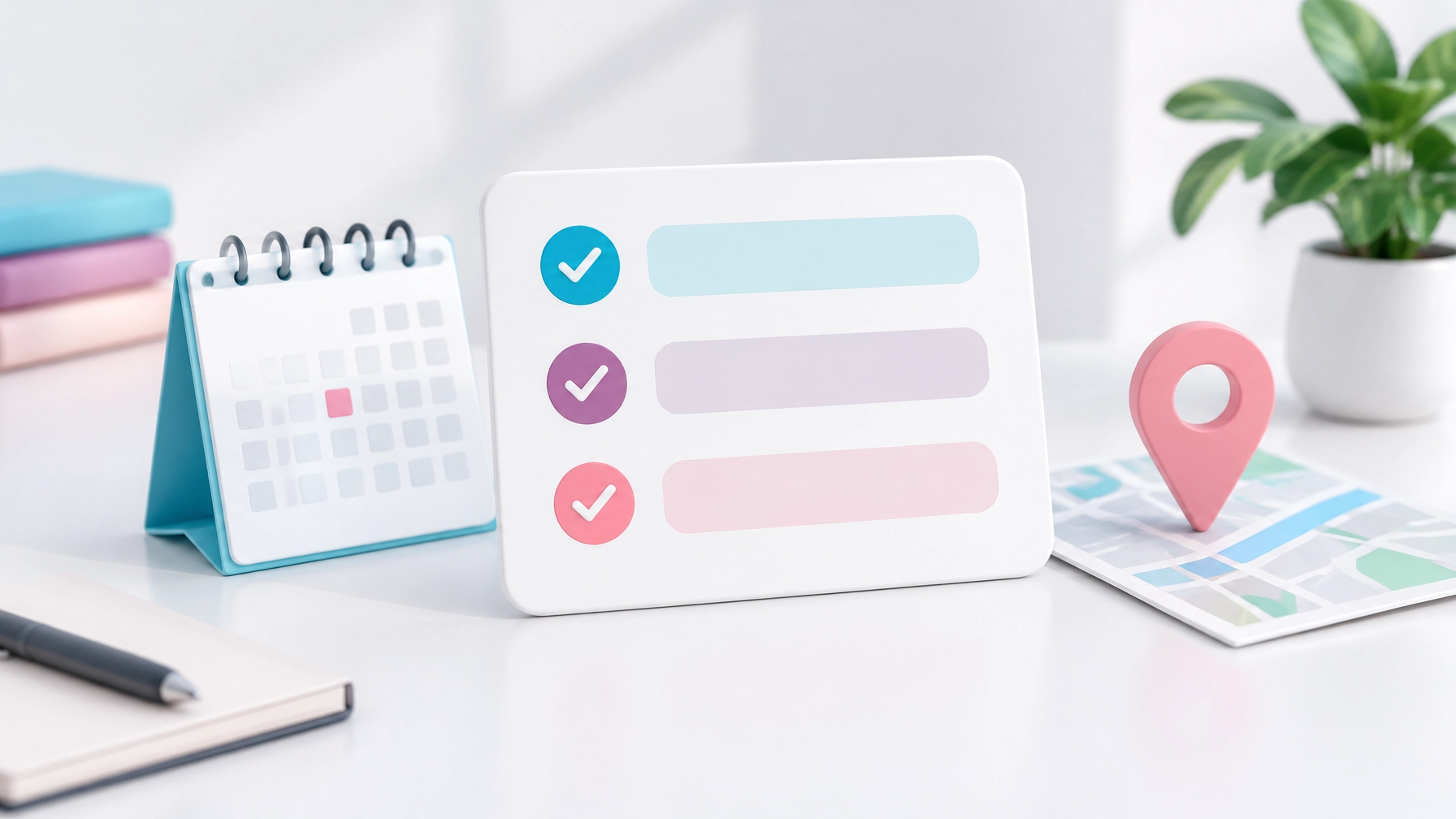 A clean checklist card with highlighted rows beside a small calendar and map pin