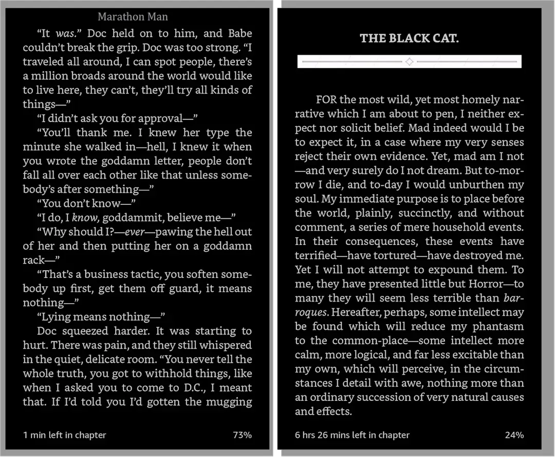 Two reading app screenshots showing examples of the em dash in Marathon Man by William Goldman and The Black Cat by Edgar Allan Poe