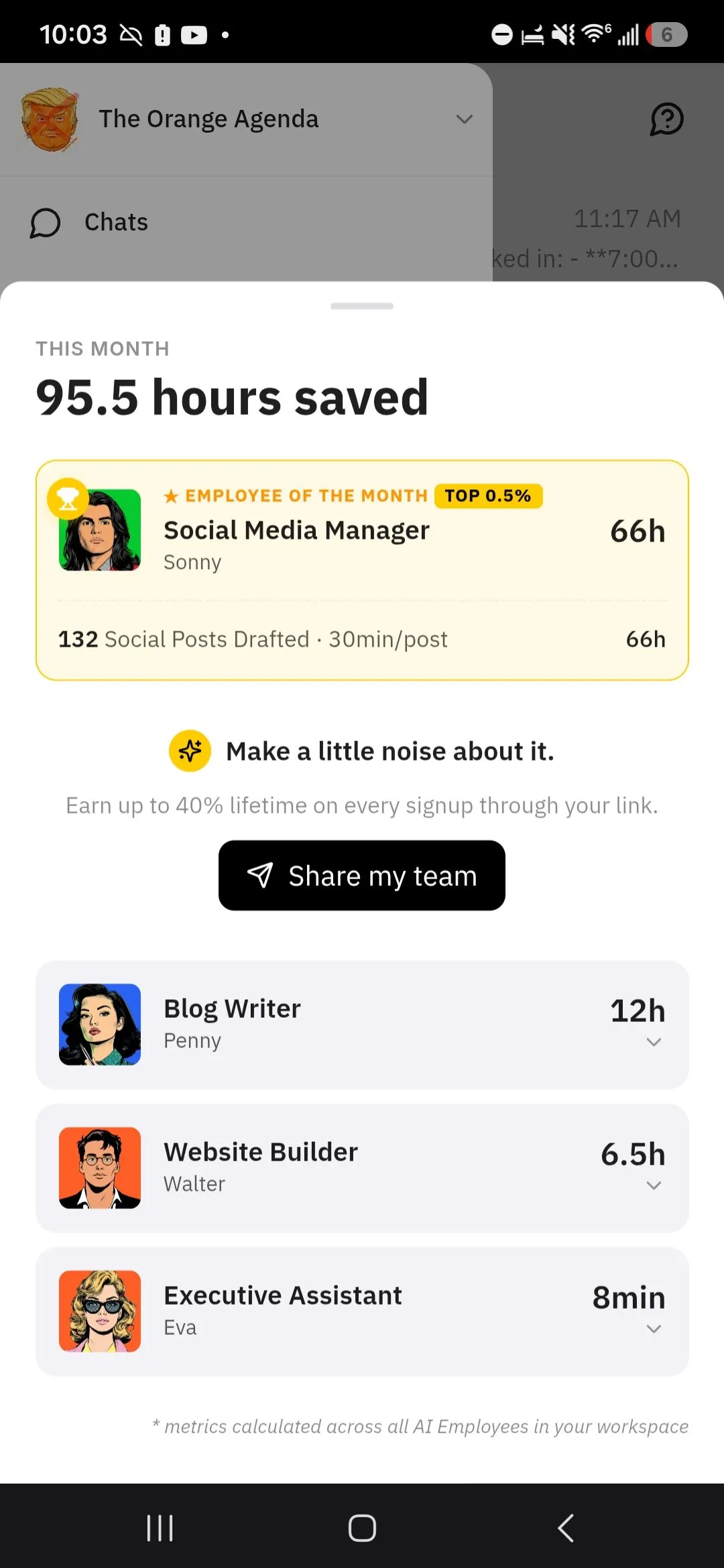Screenshot from Randi’s Marblism Facebook page workspace showing estimated time saved across AI employees