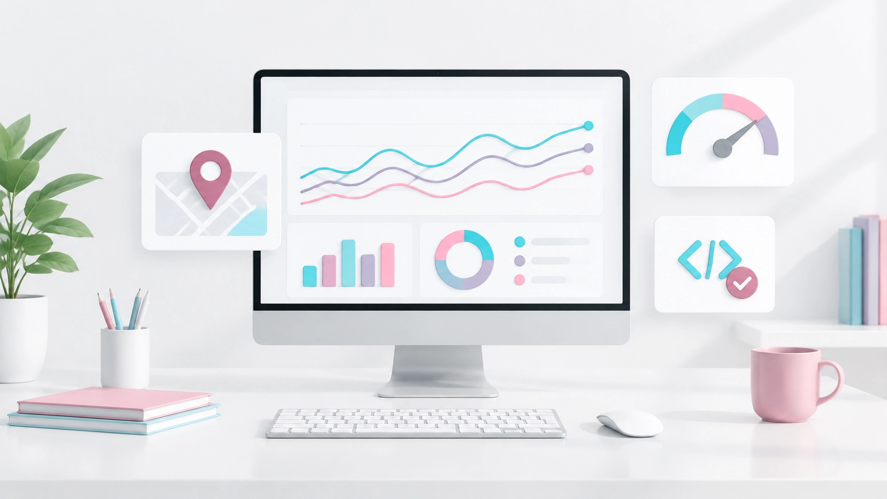 A search performance dashboard concept with a page speed gauge and structured data check