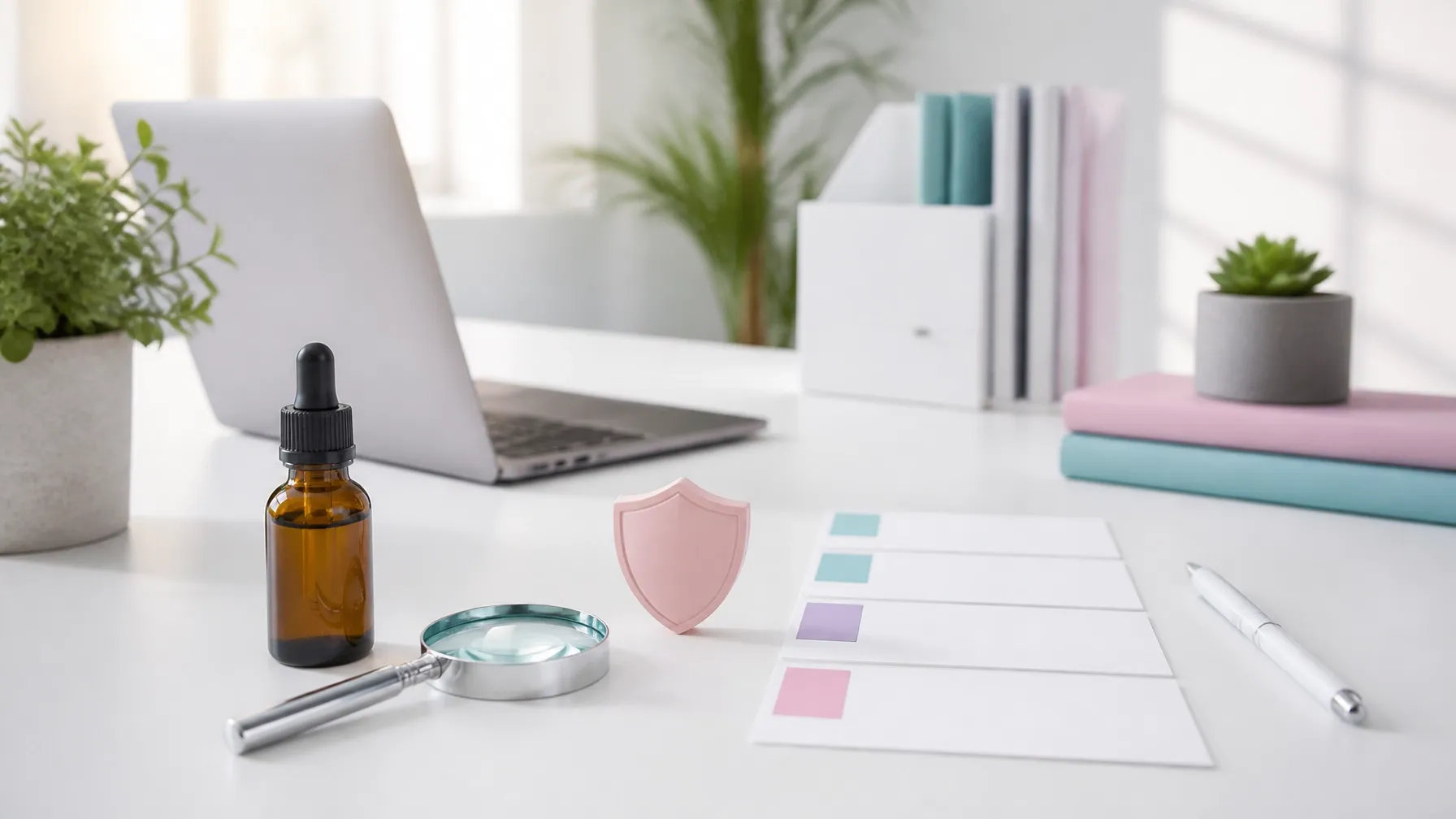 CBD compliance research desk with an unlabeled product bottle, magnifying glass, and review checklist
