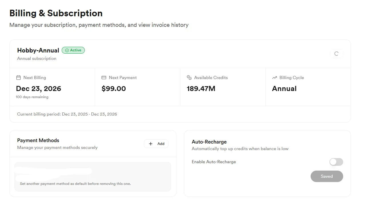 Magica AI billing and subscription screen showing an active annual plan and available credits