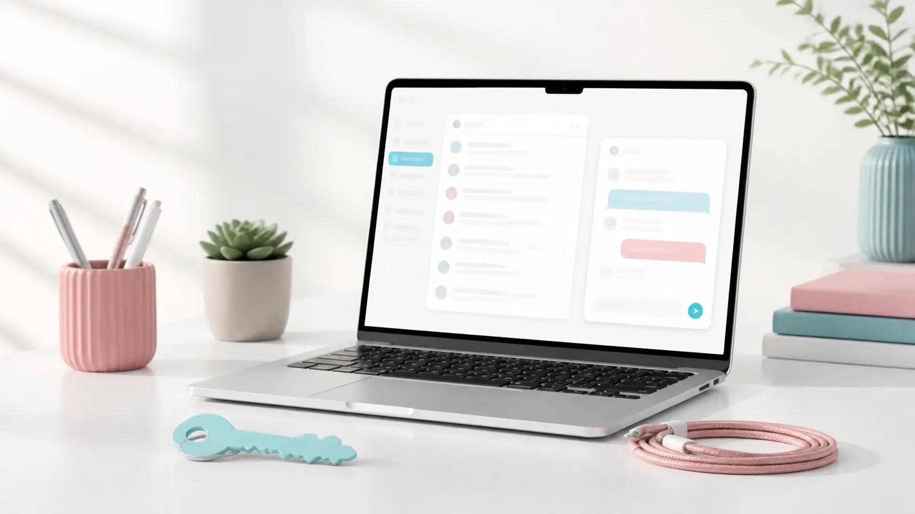 Bright editorial workspace representing domain email forwarding and online customer support