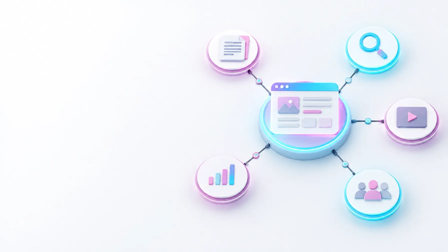 Bright hub-and-spoke knowledge map representing topical authority and connected SEO content
