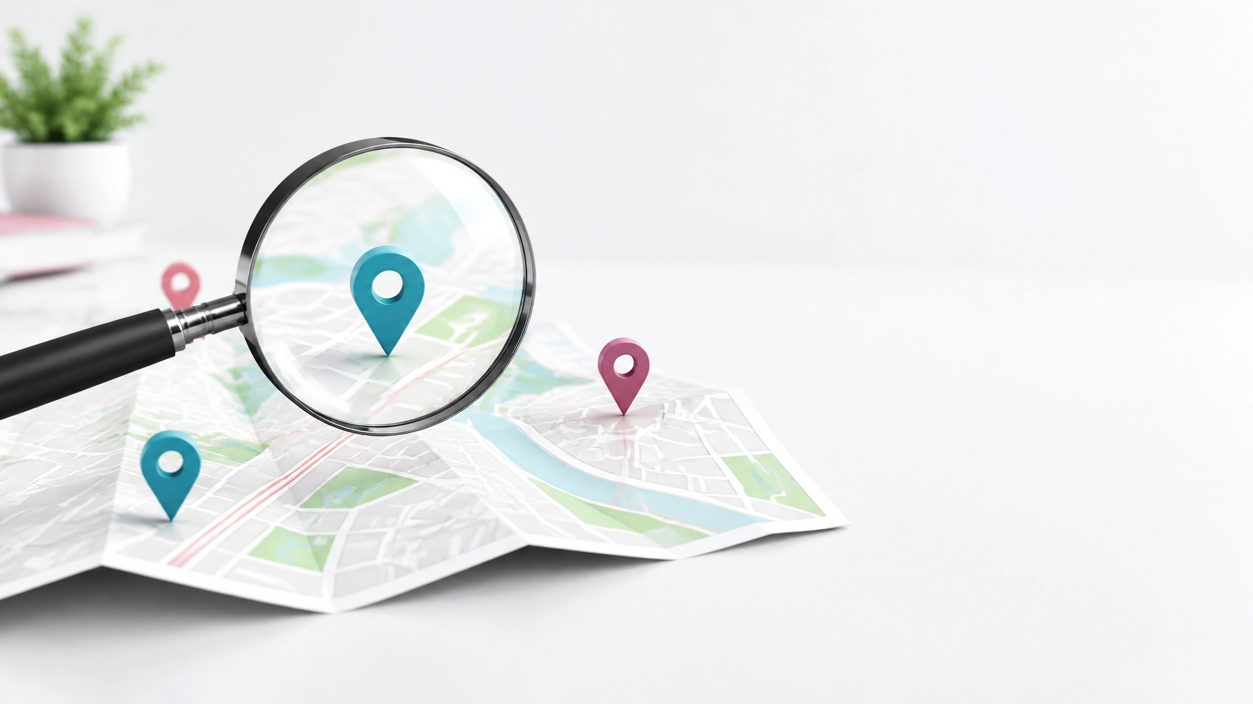 A magnifying glass inspecting location pins on a street map