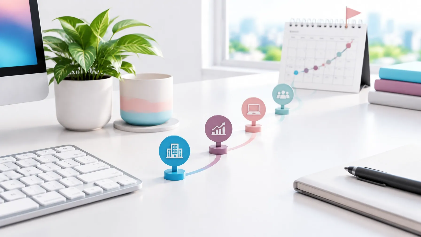 Desk scene with a computer, plant, calendar, and colorful path of career milestones