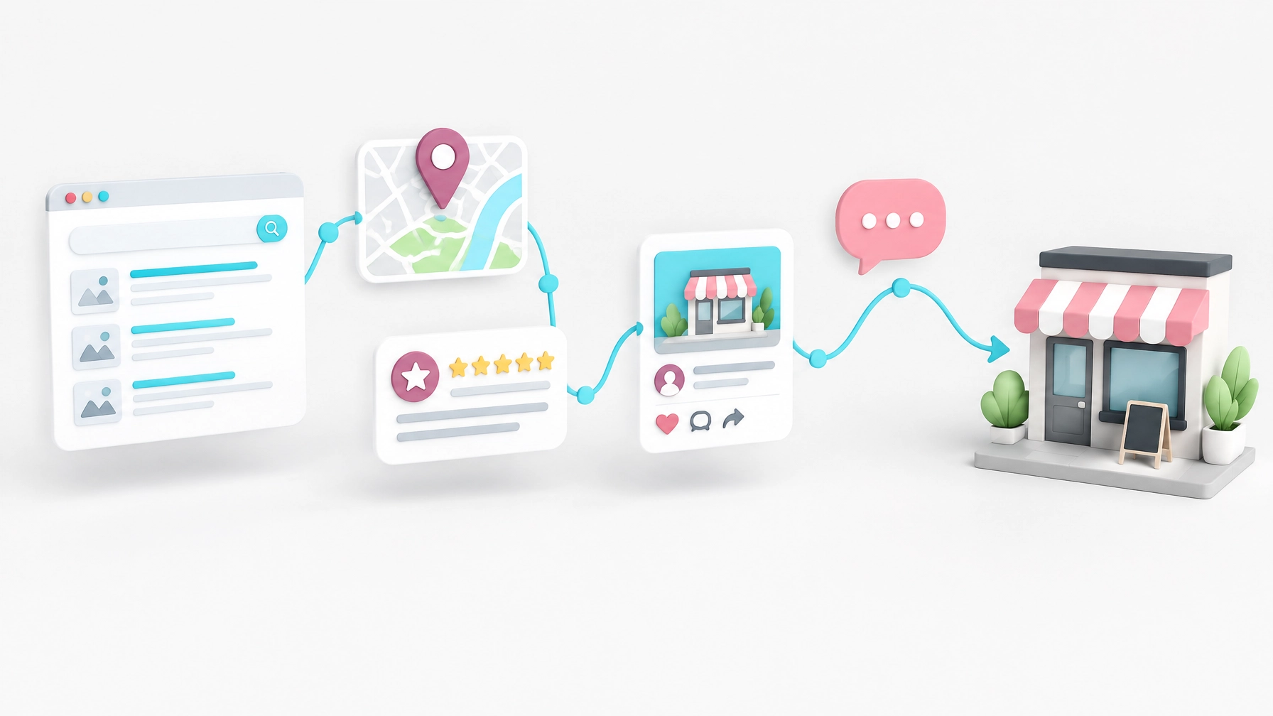 A website page, local map pin, review star, and social profile connected on a clean path toward a storefront