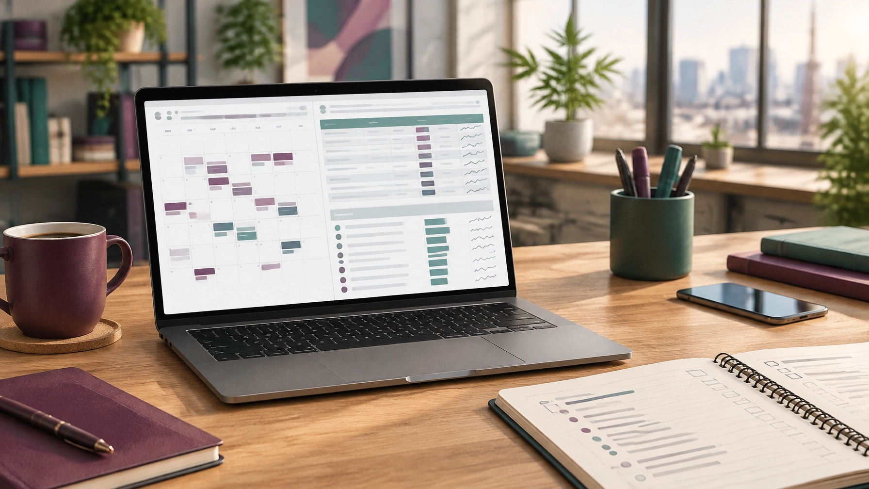 Laptop with a cannabis content calendar, keyword research sheet, and article outline on a bright marketing desk.