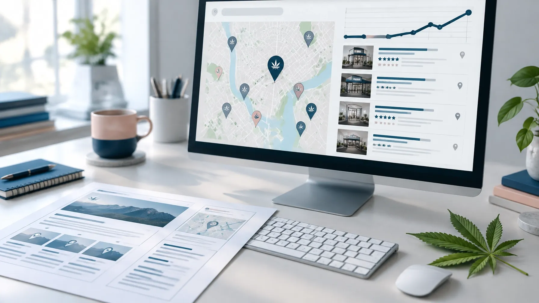 Workspace with a monitor showing a local search map, location pins, and rising result snippets beside a printed location page layout.