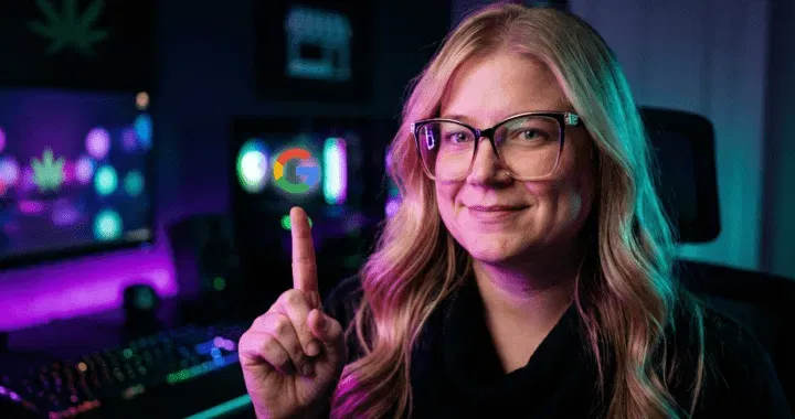Professional woman pointing toward a Google cannabis search insight on a monitor