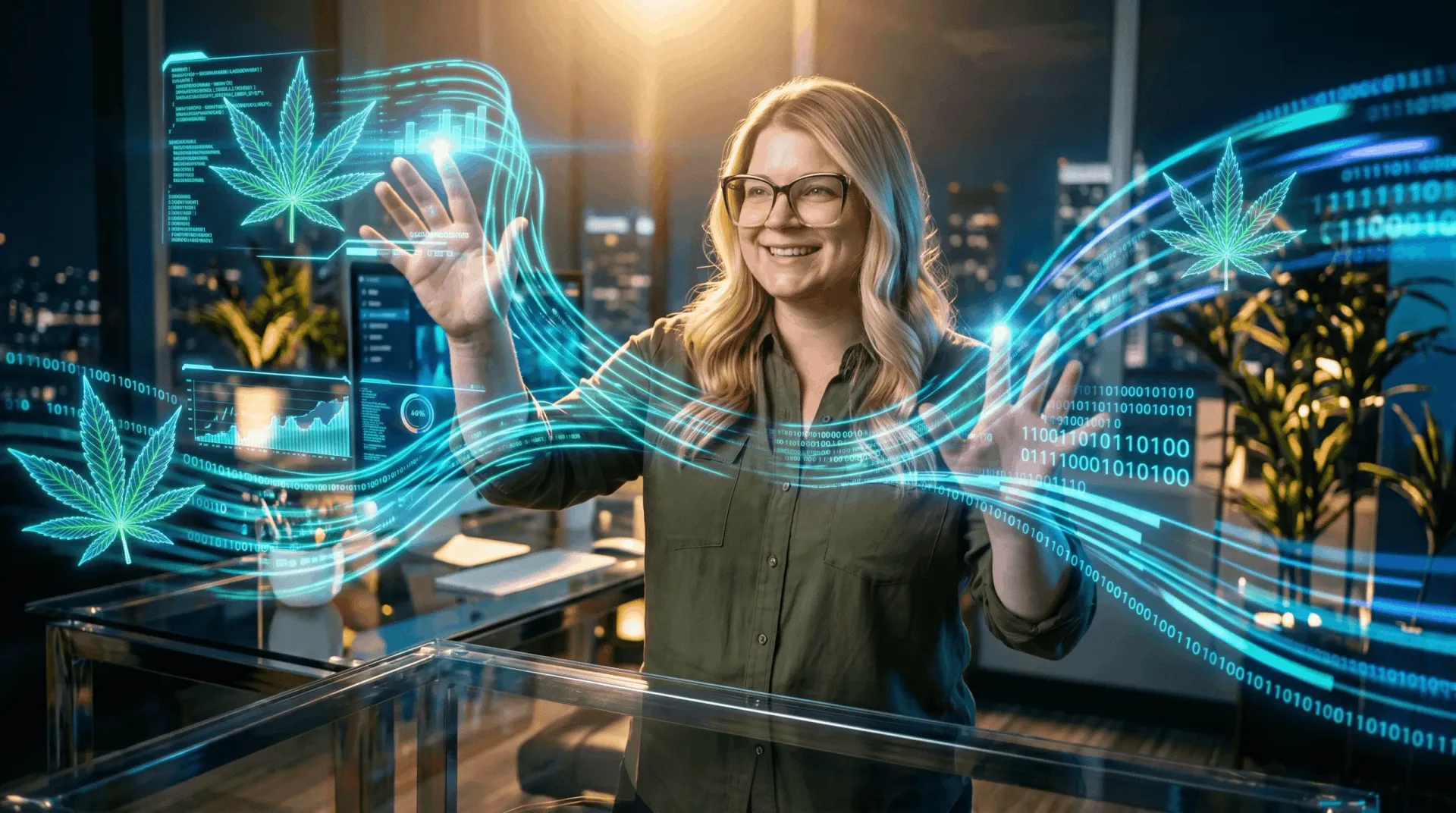Randi Bagley smiling in front of a glowing city map at night