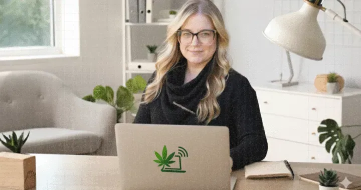 Randi Bagley working at a desk with a laptop featuring a green cannabis leaf symbol